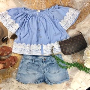 LOVE J Women’s Off The Shoulder Top | Blue | Med